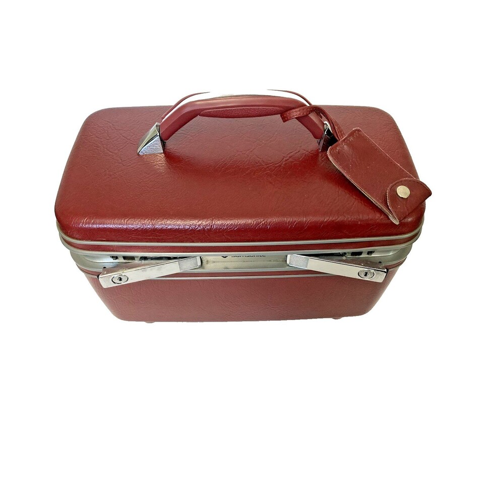 Vintage Samsonite Train Case Luggage - Burgundy Mirror & Travel Tag Very Clean!